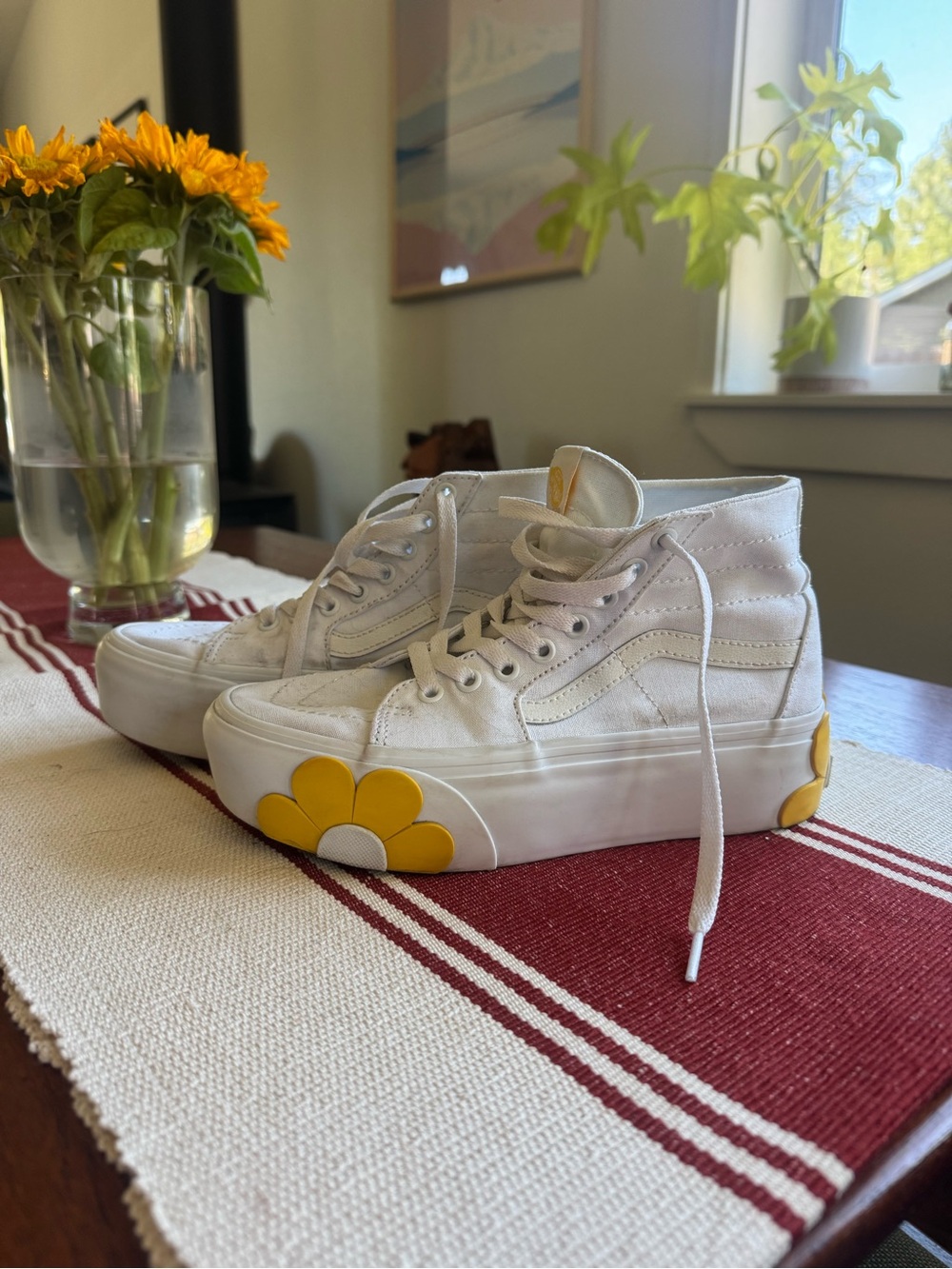 Vans White High-Top Platform Sneakers with Yellow Daisy Details